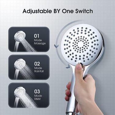 Showerhead Set, 3 Functions, Liquid Silicone - Showerhead Set with Hose and Holder, High Pressure and Water-Saving, Universal with G1/2 inch Connection, Chrome Showerhead for All Family Members