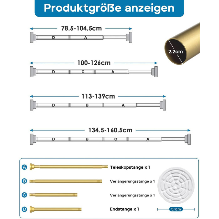 Телескопічна штанга для карнизів та душової кабіни без свердління, 195см, 79-160см (Золотий)