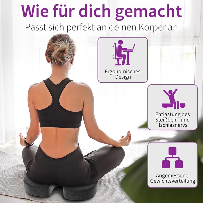 Ортопедична подушка для сидіння Radikor: для офісного крісла, авто, зі стегон, з Memory Foam, протиковзаюча, чорна