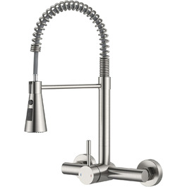 Змішувач кухонний настінний DAYONE з висувною лійкою, нержавіюча сталь, 3 режими, 360° обертання, відстань між отворами 15 см, матовий