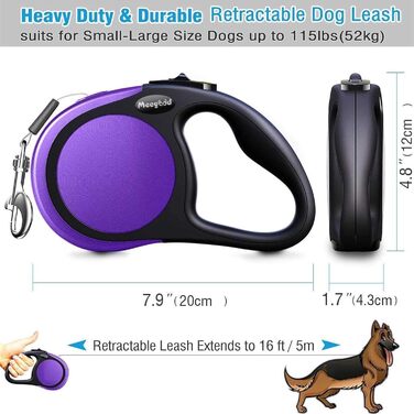 МігооПет Леєчка для собак, міцна, рулетка, 4.6 м, 2 розміри, для собак маленьких та великих порід (до 45/115 кг), Small/Medium, (Medium/Large (упаковка 1), фіолетова)