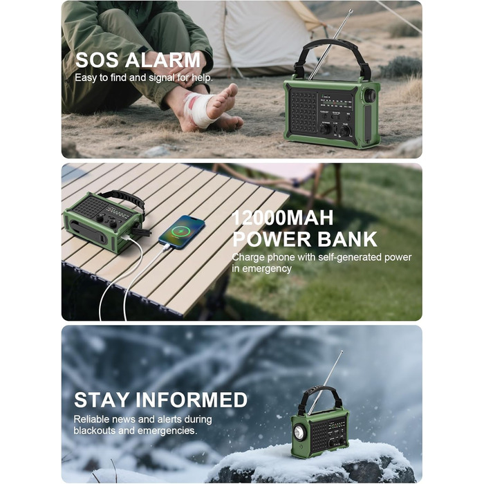 ROCAM Радіо з ручним генератором та сонячною панеллю, 12000mAh, AM/FM, LED ліхтарик, USB, SOS, для кемпінгу та надзвичайних ситуацій, зелене