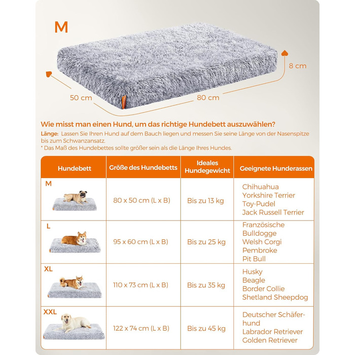 Feandrea Dog Bed, Orthopedic Dog Cushion, Padded with Visco-Elastic Foam, Removable and Washable Cover, Size M, for Small and Medium Dogs, 80 x 50 x 8 cm, PGW211G02 (L 80 x W 50 x H 8 cm, Ombré Gray)