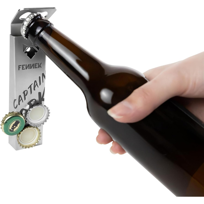 FENNEK Captain Cork | Bottle Opener | Integrated, super-strong magnet for up to 40 bottle caps | Easy mounting with adhesive tape or screws | made of stainless steel | Made in Germany