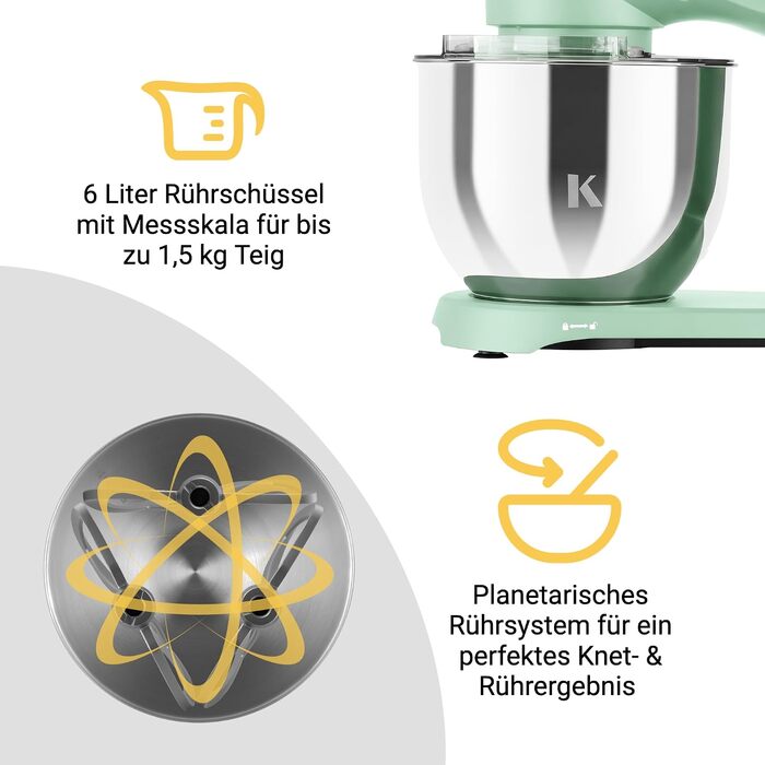 Кухонний комбайн KLAMER 1800W, планетарний міксер для тіста з чашею з нержавіючої сталі 6л (Premium Mint)