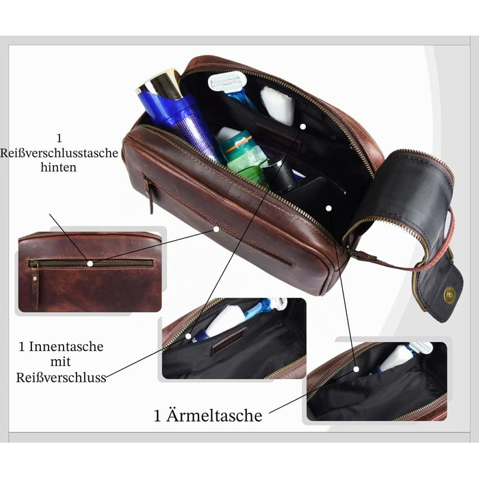 Шкіряна косметичка для чоловіків Aaron Leather — дорожній набір для догляду, темно-коричнева (горіх), з подвійною блискавкою