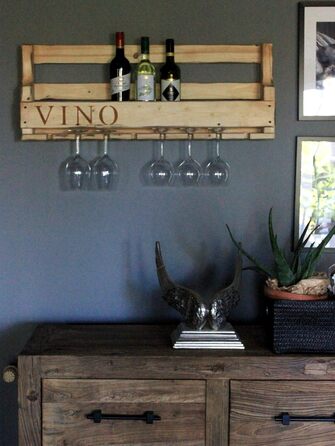 Wooden Wall-Mounted Wine Rack - with Glass Holders and VINO Signage - Flamed - Fully Assembled - Shelf for Wine Bottles and Glasses (Rust-Look)