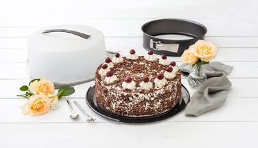 Zenker Springform with Transport Lid Ø 28 cm DELUXE, baking pan with enameled flat base and carrying lid, round cake pan for juicy cake to go (Color: Metallic Black), Quantity: 1 piece