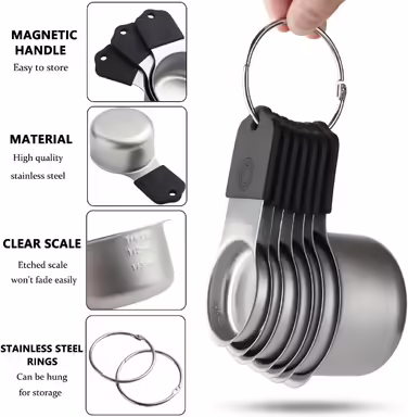 Magnetic Measuring Cups and Spoons Set Includes 7 Stainless Steel Measuring Cups, 6 Stackable Magnetic Measuring Spoons with 1 Leveler for Dry and Liquid Ingredients (Black)