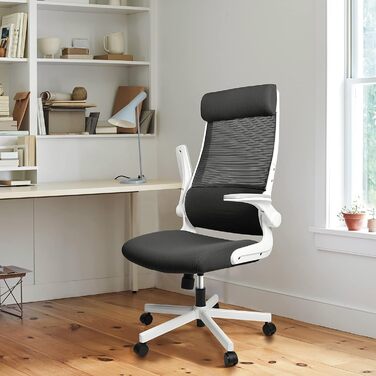 Ергономічне крісло для офісу з регульованою підголівником, крісло для робочого столу з сітки, відкидні підлокітники, широке сидіння, функція гойдання, комп'ютерне крісло EN 1335, офісне крісло 200 кг (чорно-біле)