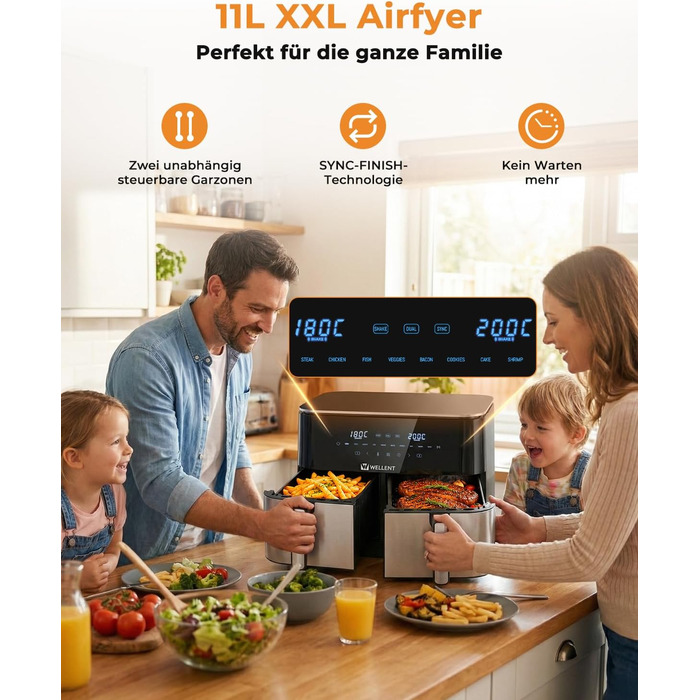 Аерофритюрниця WELLENT Dual Zone XXL 11л - 2950W з 2 камерами (6+6л), функцією Match & Sync, вікном огляду, таймером та можливістю миття в посудомийній машині