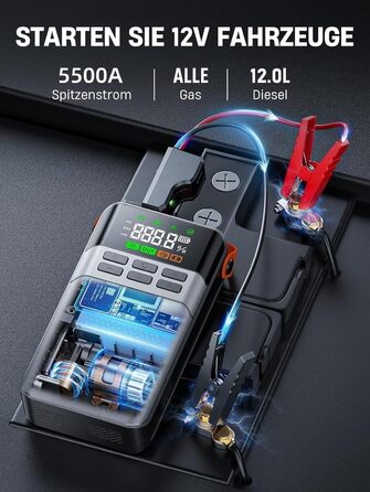 Powerbank для автомобіля з компресором 150PSI ANFLAG 5500A, стартер для бензинових та дизельних двигунів (12.0L), LCD дисплей, LED ліхтарик, подвійний USB, сірий