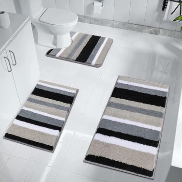 Pauwer Soft Bath Mats & Bath Rugs Set of 3, Microfiber, Non-Slip, Water-Absorbent Bathroom Rugs, Machine Washable, Bath Mat and Toilet Mat for Shower, Bathtub, and Toilet (Black) Black 50 x 80 cm + 45 x 65 cm + 50 x 60 cm
