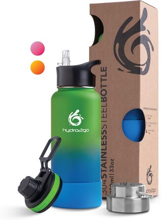 Stainless Steel Drinking Bottle – BPA-Free Thermo Bottle for Kids, School, Sports & Outdoor – Keeps Drinks Hot up to 12H and Cold up to 24H – Includes 3 Drinking Caps – 950 ml (Earth)