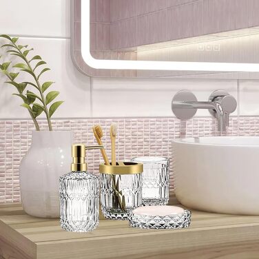 Набір аксесуарів для ванної кімнати зі скла, 5 шт. (Дозатор для лосьйону, мильниця, тримач для зубних щіток, стакан, ватні палички)