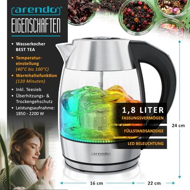 Електричний чайник Arendo зі скляною колбою, регулюванням температури, нержавіючою сталлю, LED-підсвічуванням, 2200 Вт, 1.8 л, 2 кришки (з та без сита для чаю), фільтр від накипу, функція підтримки тепла