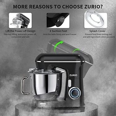 Stand Mixer, 1300W Zurio 5.5L Stand Mixer, 10-Speed Robot Mixer with Quiet Kneading Function, Includes Accessories: Dough Hook, Whisk, Black Mixer