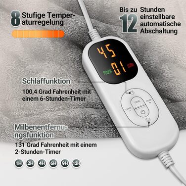 Електрична ковдра Charmofun з автовимкненням, 130x180 см, 8 режимів нагріву, таймер 12 годин, пральна машина, флісова тепла ковдра для ліжка, дивана, офісу (темно-сірий)