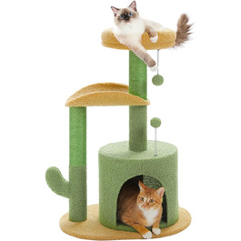 PETEPELA Cactus Scratch Tree Small 84cm Modern Cat Tree Detachable Top Bed, Plush Cave, 2 Sisal Posts, 2 Play Balls, Green