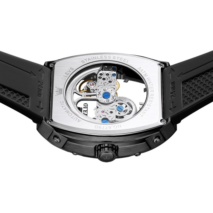 Чоловічий скелетон-годинник OLEVS: автоматичний механізм, сталевий браслет, водонепроникний, з календарем та підсвіткою, чорний