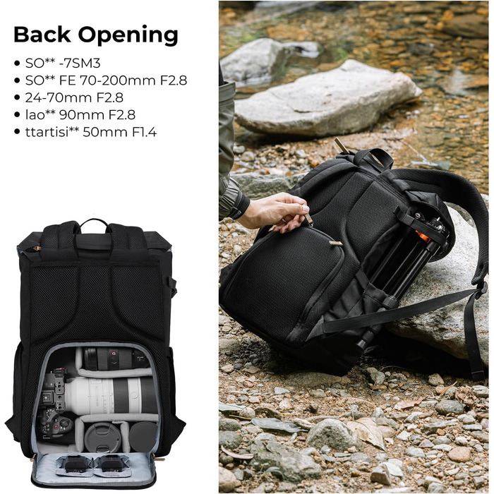 Рюкзак для камери K&F Concept Rolltop 20L: водонепроникний, для Canon, Nikon, Sony, Fujifilm, Olympus, з відділенням для ноутбука 15.6 дюймів (сірий/зелений, чорний)