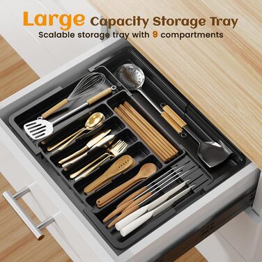 Органайзер для столових приборів в шухляду, пластиковий лоток для кухні з 2 знімними блоками для ножів (6-9 відділень), регульований, 33-53 см