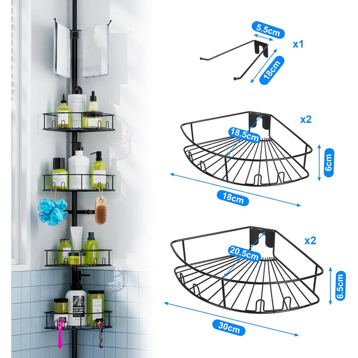 Bomclap Telescopic Shower Shelf with 4 Baskets and 1 Towel Holder, Shower Shelf No Drilling Required, Height Adjustable 149-276cm for Shower and Bathtub, Black