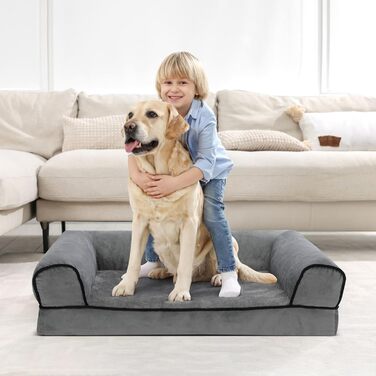 Ортопедичне ліжко для собак Growaystory - зручне собаче ліжко-софа з ергономічним пінопластом, миється, не ковзає (3-стороння окантовка, 92x70x18 см)