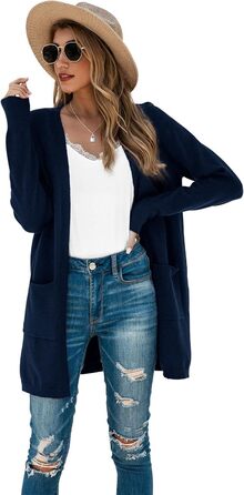 Кардиган жіночий Saodiallsu з довгим рукавом, однотонний, з кишенею (темно-синій, L)