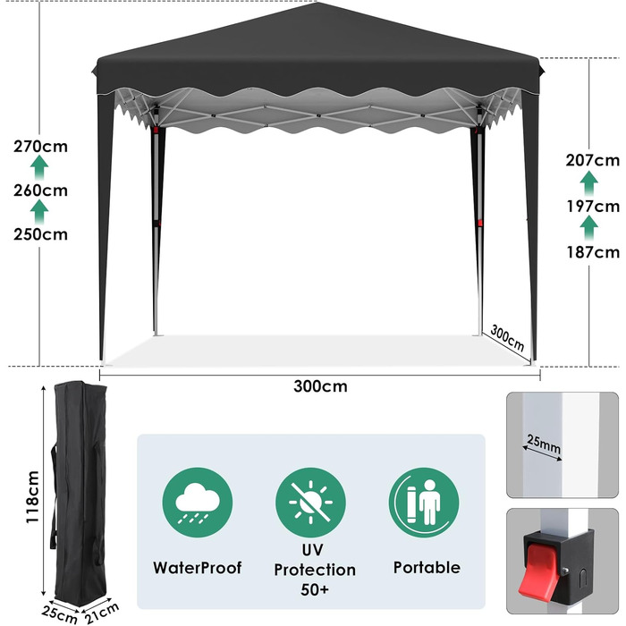 3x3 Gazebo, Waterproof Folding Gazebo Stable, Winter-Proof, UV Protection 50+, 3x3 Folding Gazebo with 4 Side Panels, Adjustable Height Garden Gazebo, Foldable Pavilion Tent for Camping, Parties (Black)