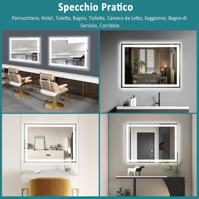 Дзеркало для ванної кімнати YU YUSING з підсвічуванням 60x80 см, протизапітніння, 3 кольори світла, регулювання яскравості, LED, годинник, IP44, металевий каркас, вертикальне, срібне