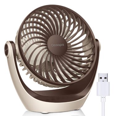 USB вентилятор OCOOPA: компактний настільний вентилятор з потужним потоком повітря та тихою роботою, 3 швидкості, 360° обертання, для офісу, дому та відпочинку на природі (коричневий)