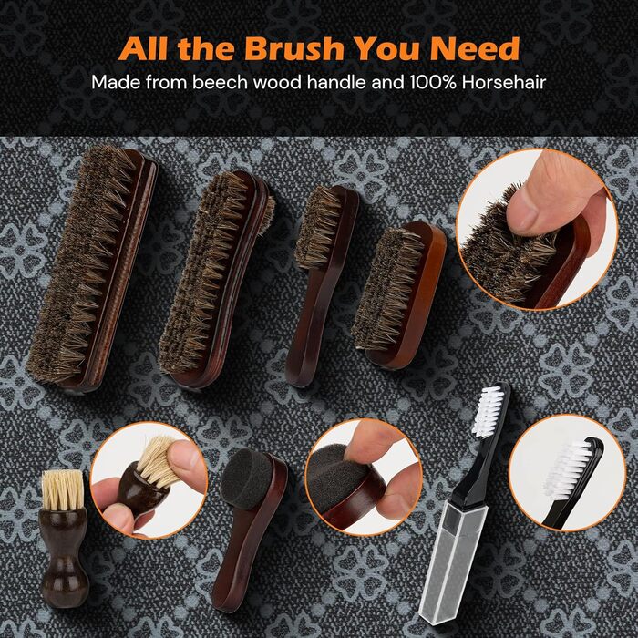 Shoe Polish Set 16-Piece, Premium Deluxe Shoe Cream Kit - 2.65 oz black, brown, and neutral shoe cream with brushes, polishing cloth, and more - Perfect gift for leather shoes and boot care set