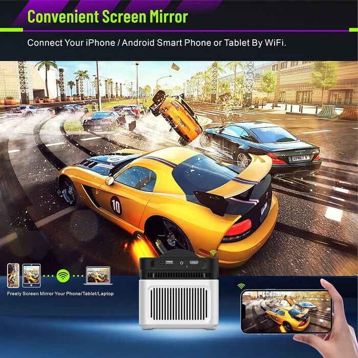 LQWELL HY300 PRO Mini Beamer: портативний проєктор 4K, Android 11, WiFi 6, Bluetooth 5.0, Airplay/Miracast, для Android/iPhone/PC/Mac/Switch (білий)