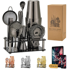 Boston Shaker Set – 10-Piece Stainless Steel Cocktail Shaker Set with Acrylic Base, Hawthorne Strainer, Ice Tongs, Bar Spoon, Jigger, Muddler – Perfect for the Home Bar (Black)