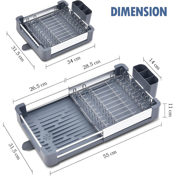 Стійка для посуду KINGRACK: розширювана, з нержавіючої сталі, з підставкою для столових приборів, антиковзаюча, сірого кольору