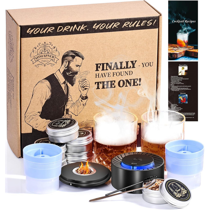 Електричний набір для копчення віскі з 2 склянками, 6 смаків дерев'яної стружки, 2 форми для кубиків льоду, для коктейлів Bourbon Old Fashioned, подарунок для чоловіків, батьків, коханих, без бутану