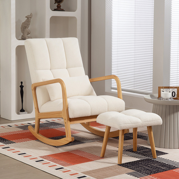 HOMCOM Rocking Chair with Ottoman, Rocking Chair with Fleece Cover, Armrests, High Back, Wooden Sleigh Runners, Padded Swivel Chair, Relax Chair, Accent Chair for Living Room, Bedroom White | Aosom
