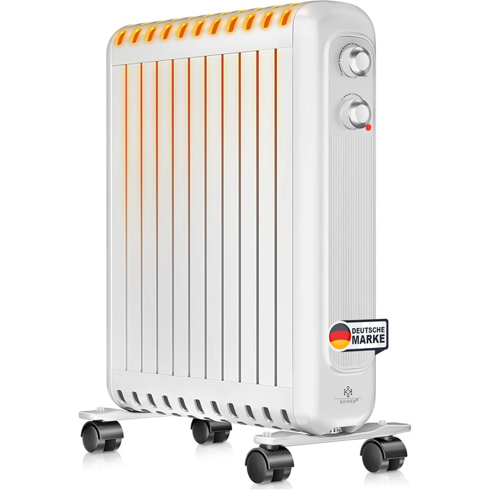 Масляний радіатор KESSER® 2500W з термостатом | Електричний обігрівач, 3 режими нагріву, білий