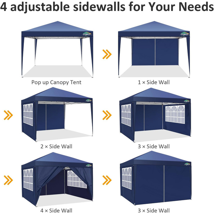 COBIZI Pop-up Pavilion 3x3, Folding Pavilion 3x3 Waterproof, Stable, Winterproof |8x Pegs|4x Wind Rope|UV Protection 50+|High-Density Tarpaulin| Pavilion Folding 3x3m Party Tent Folding Pavilion 3x3 Garden Pavilion (Navy Blue, 3x3m with 4 Side Walls)