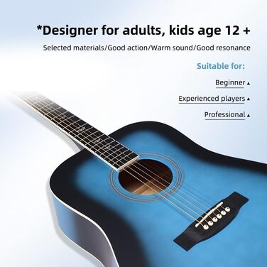 Акустична гітара Winzz 4/4 для початківців, 41 дюйм, з чохлом, тюнером, ременем, медіатором, запасним струною та підставкою (натуральний, блакитний)