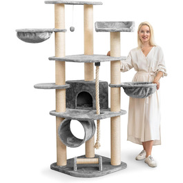 Кігтеточка для котів HAPPYPET 181 см - стабільний кімнатний комплекс з будинком, тунелем та ігровим майданчиком, сірий