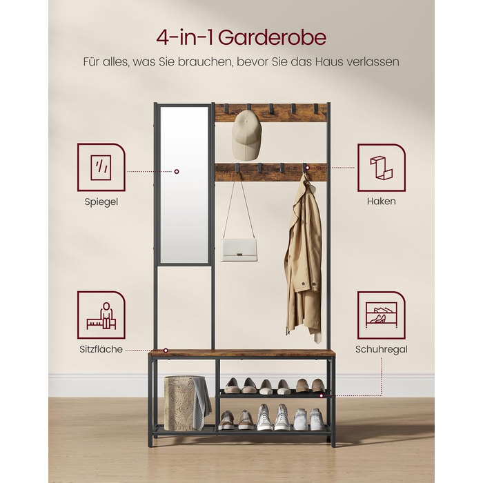 VASAGLE Coat Rack, Coat Stand with Hooks, Clothes Rack with Mirror, Shoe Bench and Shelves, 36 x 98 x 185 cm, for Entryway, Bedroom, Living Room, vintage brown-black HSRAM050B01