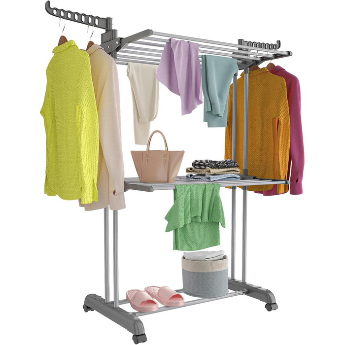 Foldable Stainless Steel Clothes Rack with Wheels, Portable, for Indoor and Outdoor Use, White/Gray (Gray-1)