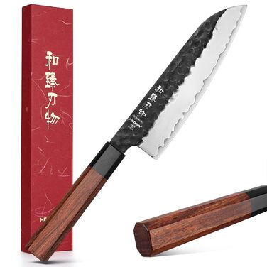Японський ніж Santoku 18,5 см Hezhen, кухонний, з кованого сталі, з дерев'яною ручкою
