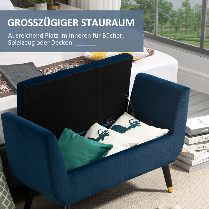HOMCOM Luxury Bench with Storage, Upholstered Bench Blue from Velvety Polyester, Rubber Wood, with Armrests, 107x42x65cm for Living Room & Entryway