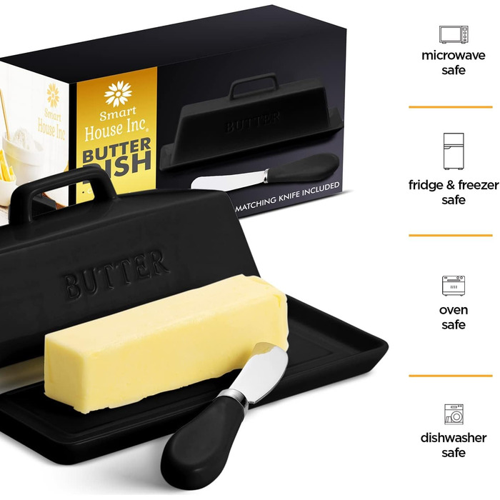 Ceramic Butter Dish Set with Lid and Knife – Black – Decorative Butter Crock Holder for 1 Butter – Microwave Safe, Dishwasher Safe – Includes Scratch-Free Stickers
