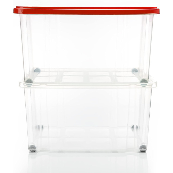 BigDean 4-Piece 60L Storage Box with Lid Large Steel - Stackable, Robust Box, BPA-Free - Rollable Stack Box with Secure Click Closures - Made in Germany (Red Transparent)