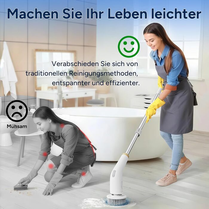 13-in-1 Electric Cleaning Brush with Extension Handle, Bathroom Accessory Set with 11 Interchangeable Brushes for Toilet, Bathtub, Kitchen, Floor (Ivory White)