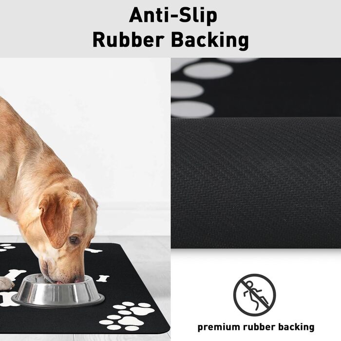 Килимок для годування домашніх тварин, надпоглинувач, для собак та котів, з антиковзким гумовим дном, швидковисихаючий, можна прати, 40 x 60 см, 2 пари малюнків лап, чистий чорний кістяний візерунок